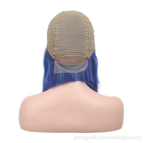 Wholesale Blue Short Bob Wig Brazilian Human Hair Colored Lace Front Wigs for Black Women